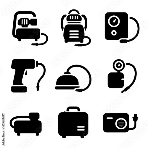 Portable Air Compressors Icons. Solid style icons of portable air compressors: hand-carry unit, backpack compressor, car tire
