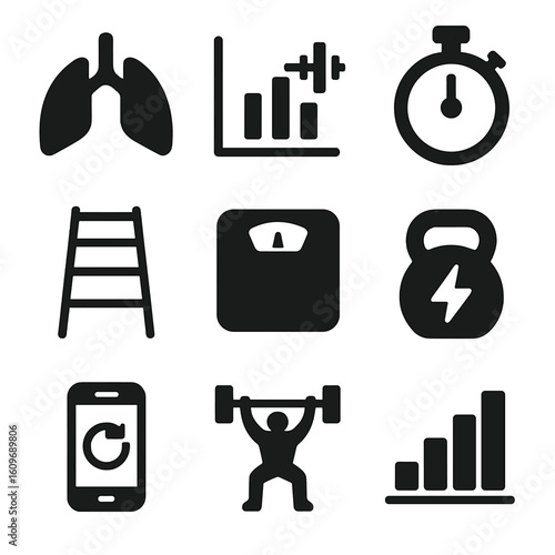 Fitness Metrics Icons. Solid style icons of fitness performance metrics: VO₂ max icon, strength test chart, endurance stopwatch,