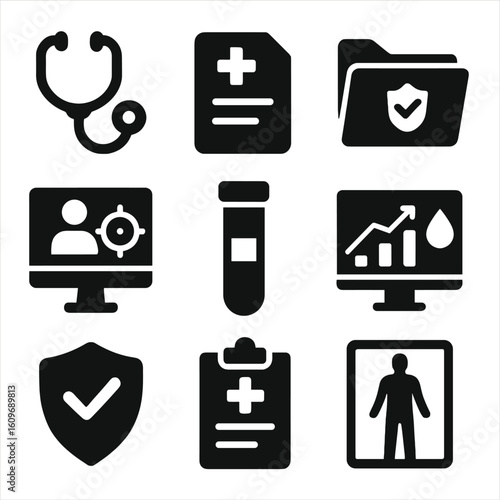 Health Screening Icons. Solid style icons of health screening and checkups: stethoscope, health form icon, annual exam folder,