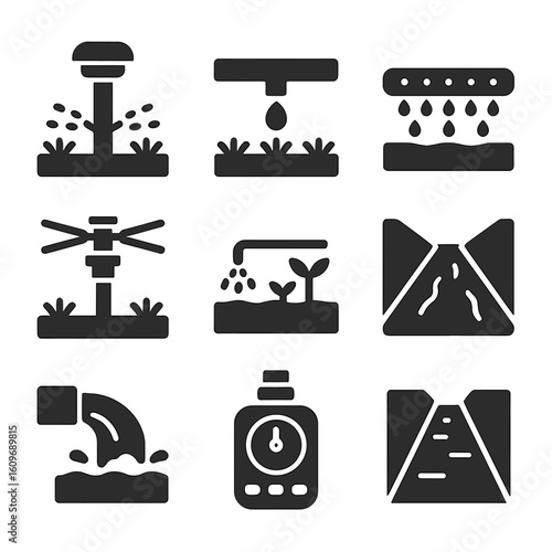 Irrigation System Icons. Solid style icons of irrigation systems: sprinkler head, drip irrigation, irrigation hose, rotating