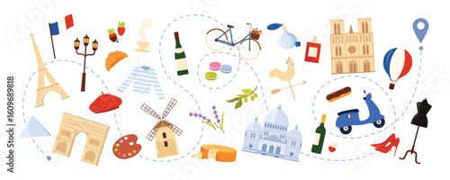 Travel to France, French culture elements and landmarks, food and drink on tourist route to location pin. Louvre pyramid and windmill, beret and artists palette, croissant cartoon vector illustration