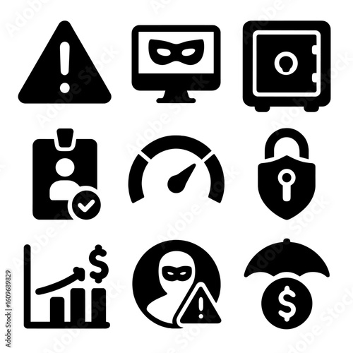 Financial Security Icons. Solid style icons of financial risk and security: caution icon, fraud alert, locked safe, ID
