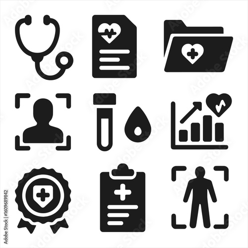Health Screening Icons. Solid style icons of health screening and checkups: stethoscope, health form icon, annual exam folder,