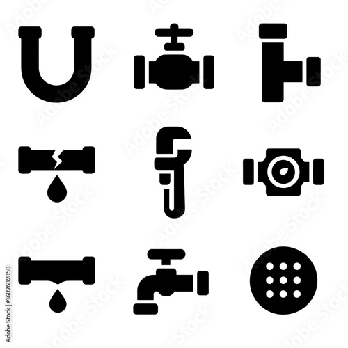 Plumbing Tools Icons. Solid style icons of plumbing and pipes: U-bend pipe, valve icon, pipe connector, leak icon, plumber wrench,