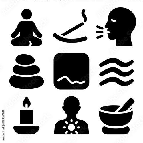 Mindfulness Icon Set. Solid style icons of mindfulness and relaxation: seated lotus figure, incense stick, breathing exercise