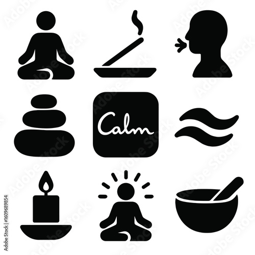 Mindfulness Icon Set. Solid style icons of mindfulness and relaxation: seated lotus figure, incense stick, breathing exercise
