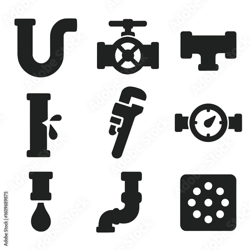 Plumbing Tools Icons. Solid style icons of plumbing and pipes: U-bend pipe, valve icon, pipe connector, leak icon, plumber wrench,