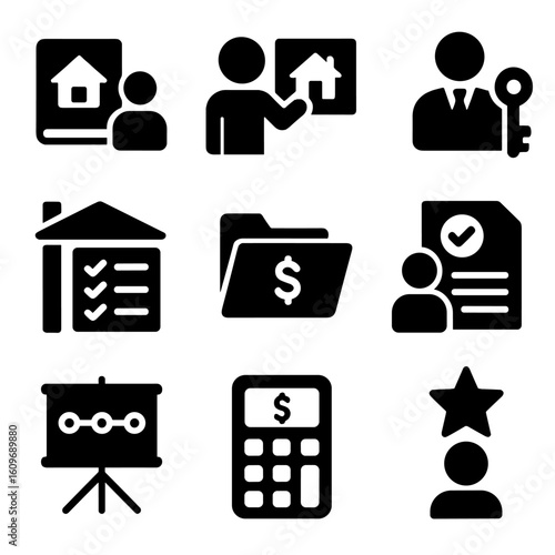 Buyer Support Icons. Solid style icons of buyer support and guidance: first-time buyer guide, buyer education icon, agent with key