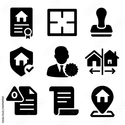 Legal Service Icons. Solid style icons of legal and title services: title document, property survey plan, legal stamp, title