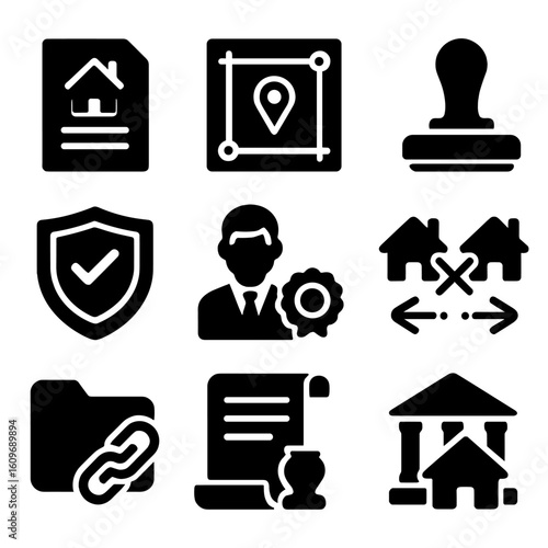 Legal Service Icons. Solid style icons of legal and title services: title document, property survey plan, legal stamp, title