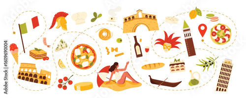 Travel to Italy, Italian culture elements and heritage architecture, food and beach holiday on tour around country. Mask and bell tower, gondola of Venice, Margherita pizza cartoon vector illustration