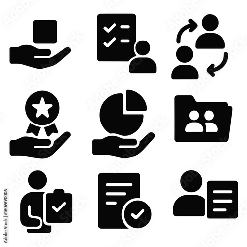 Icons of Responsibility. Solid style icons of delegation and responsibility: hand passing task, checklist assignment, role