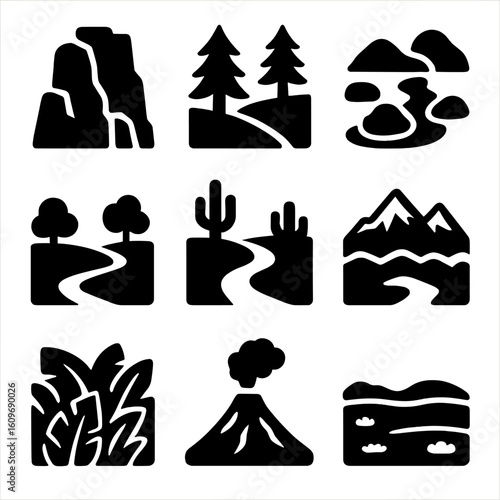 Natural Terrain Icons. Solid style icons of natural terrain and landscapes: rocky cliff, forest valley, stream with stones, open