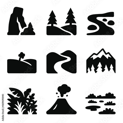 Natural Terrain Icons. Solid style icons of natural terrain and landscapes: rocky cliff, forest valley, stream with stones, open