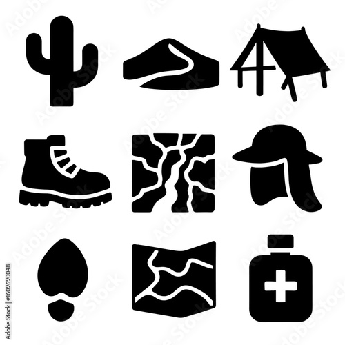 Desert Camping Icons. Solid style icons of desert camping: cactus icon, sand dune wave, sun shelter tarp, desert boots, dry trail,