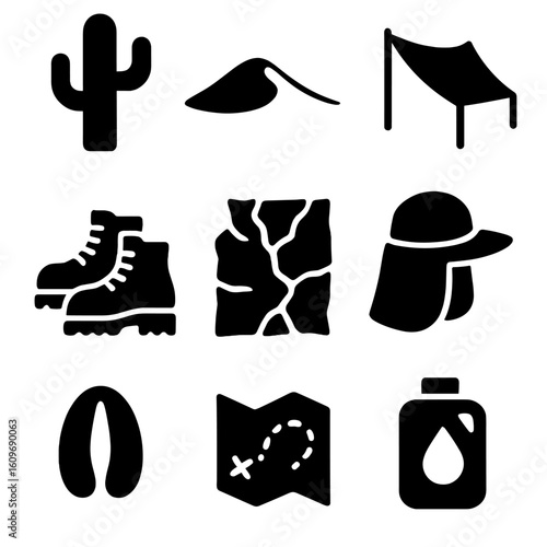Desert Camping Icons. Solid style icons of desert camping: cactus icon, sand dune wave, sun shelter tarp, desert boots, dry trail,
