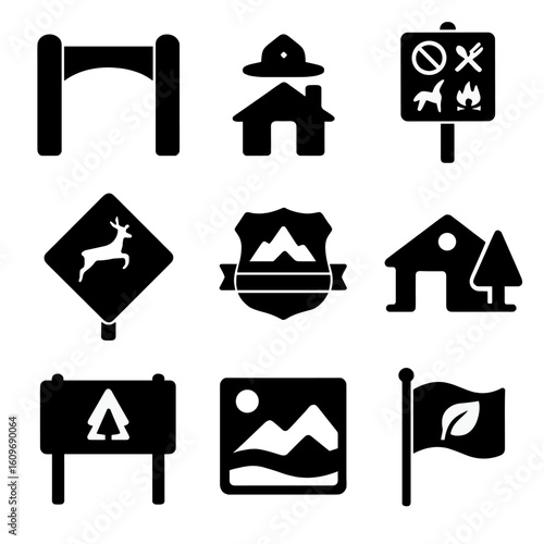 National Park Icons. Solid style icons of national parks and nature reserves: park entrance gate, ranger station icon, park rules