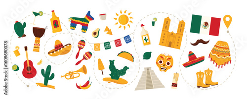 Travel to Mexico, Mexican famous places and culture elements, food and drink on vacation route. Temple of Kukulcan and cathedral, tequila and drum, sombrero and poncho cartoon vector illustration