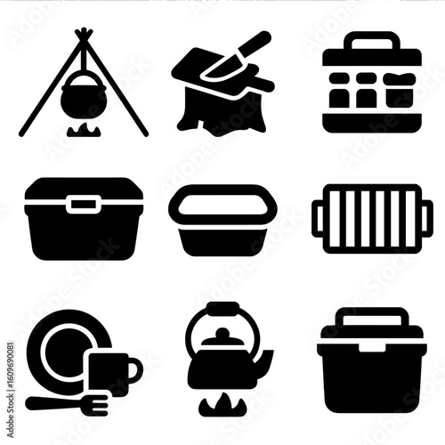 Outdoor Cooking Icons. Solid style icons of cooking outdoors: tripod pot setup, cutting board on stump, spice kit icon, food