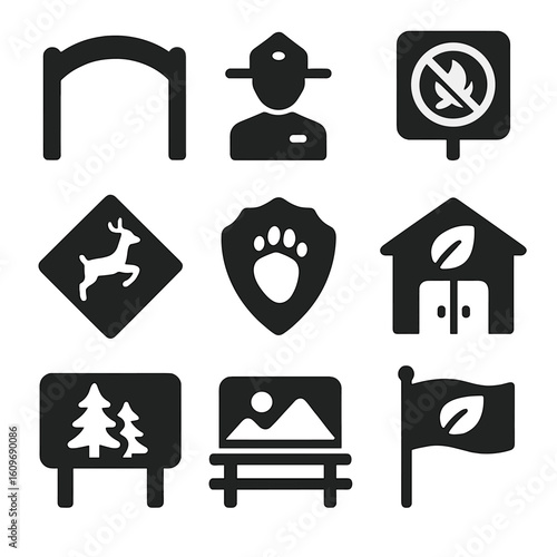 National Park Icons. Solid style icons of national parks and nature reserves: park entrance gate, ranger station icon, park rules