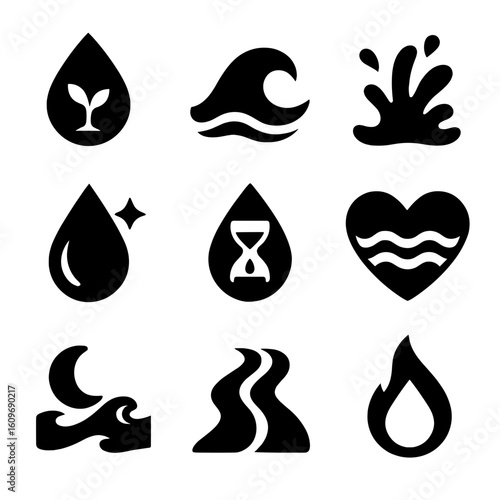 Symbolic Water Icons. Solid style icons of symbolic water meanings: droplet for life, renewal wave, cleansing splash, purity drop,
