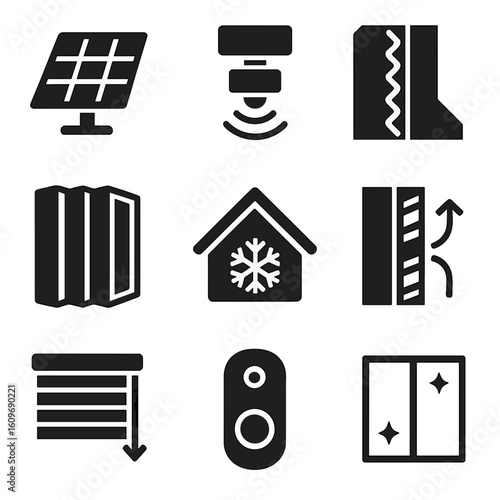 Smart Architecture Icons. Solid style icons of smart architecture elements: solar roof panel, motion sensor lights, insulated wall