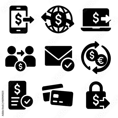 Money Transfer Icons. Solid style icons of money transfer and remittance: mobile wallet transfer, international wire icon, digital