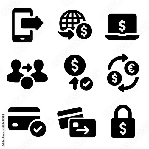 Money Transfer Icons. Solid style icons of money transfer and remittance: mobile wallet transfer, international wire icon, digital