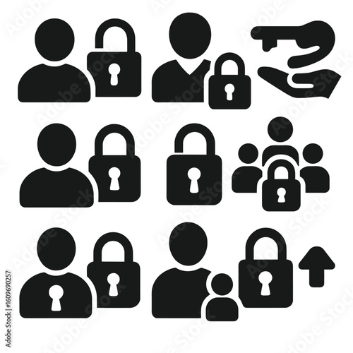 Lock Interaction Icons. Solid style icons of lock interaction and user control: user unlocking icon, admin with lock, key handover