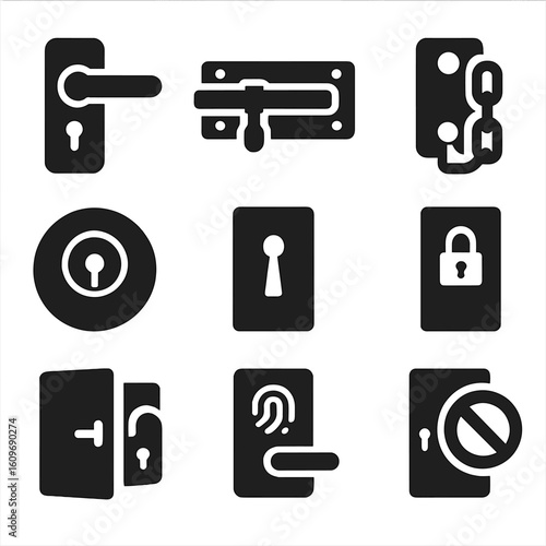 Various Door Lock Icons. Solid style icons of door locks: door handle with lock, sliding bolt lock, chain lock, deadbolt lock,