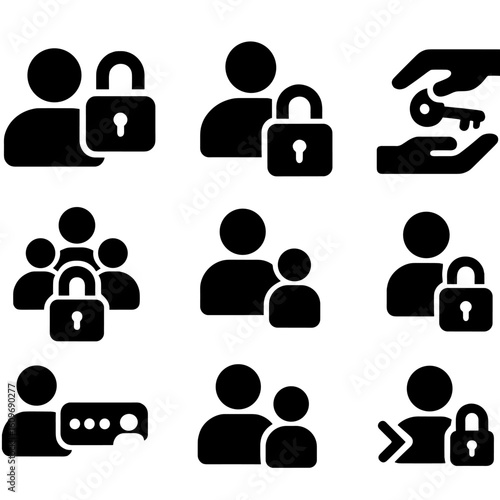 Lock Interaction Icons. Solid style icons of lock interaction and user control: user unlocking icon, admin with lock, key handover