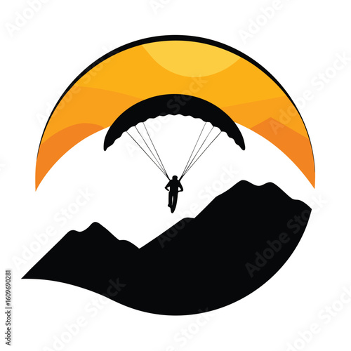 Silhouette illustration of a paraglider soaring over mountain peaks in a stylized and simplified orange and black design.