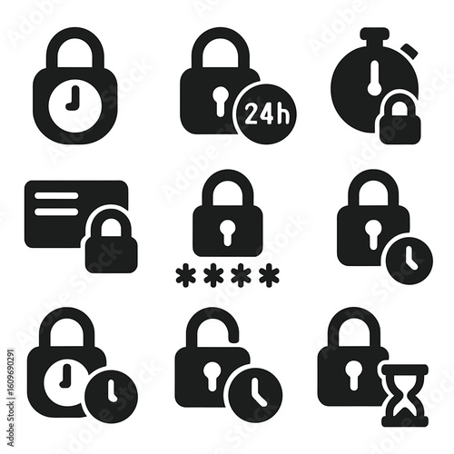 Time-Based Lock Icons. Solid style icons of time-based and temporary locks: timed padlock, 24h lock icon, temporary access icon,