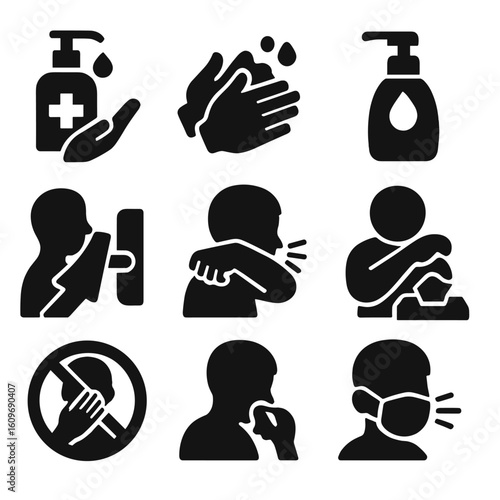 Hygiene Icon Set. Solid style icons of hygiene practices: hand sanitizer bottle, washing hands icon, soap dispenser, cleaning