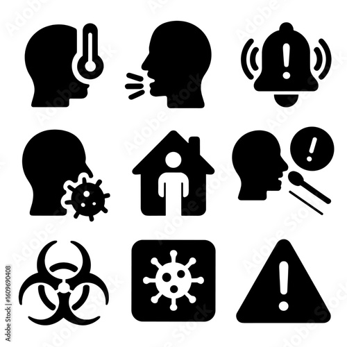 Pandemic Alert Icons. Solid style icons of pandemic-related health alerts: fever alert icon, cough warning, symptom alert bell,