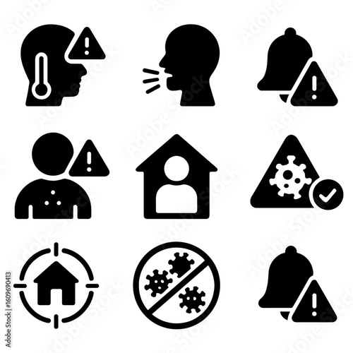 Pandemic Alert Icons. Solid style icons of pandemic-related health alerts: fever alert icon, cough warning, symptom alert bell,