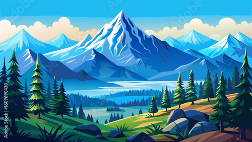 very beautiful panorama with alpine pine and mountains under blue sky