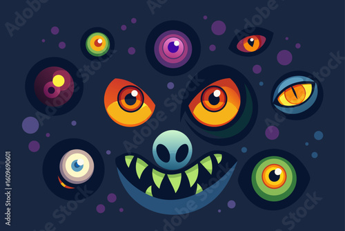 Collection of Glowing Monster Eyes in the Dark