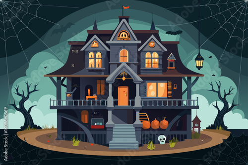Detailed Vector Cross Section of a Haunted House Interior