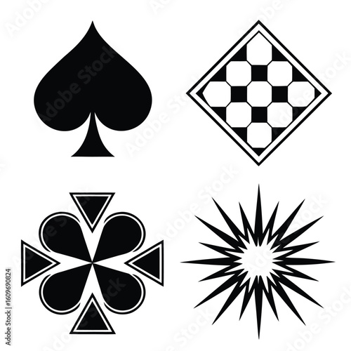 Black spade checkered diamond starburst and clover symbols