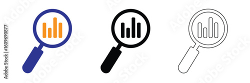 Magnifying glass reveals upward trending bar graph data, symbolizing business growth analysis and market research insights