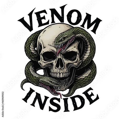 Menacing skull with snakes wrapped around, "Venom Inside" text tshirt design