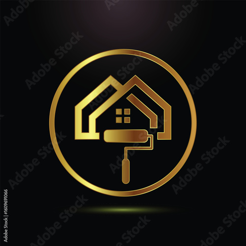 Golden house painting logo with roller and circular frame