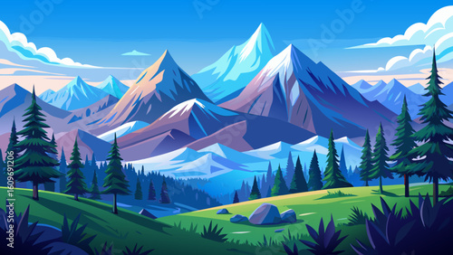 very beautiful panorama with alpine pine and mountains under blue sky