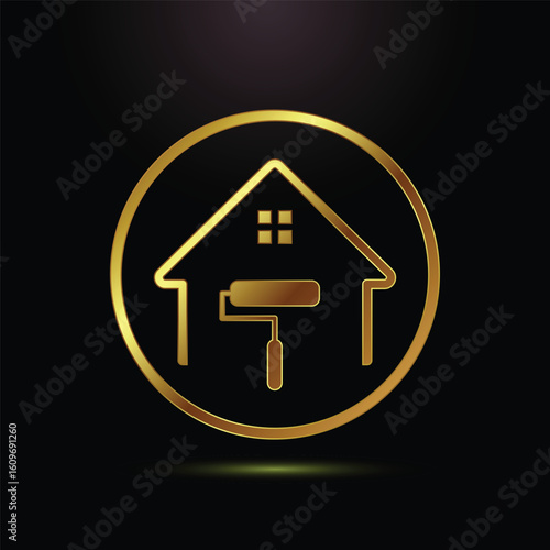 A stylized golden outline of a house with a paint roller inside, set against a black background within a golden circle.