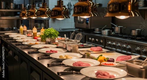 Wallpaper Mural Culinary food preparation line with mise en place on stainless steel counter in a professional restaurant kitchen. Torontodigital.ca
