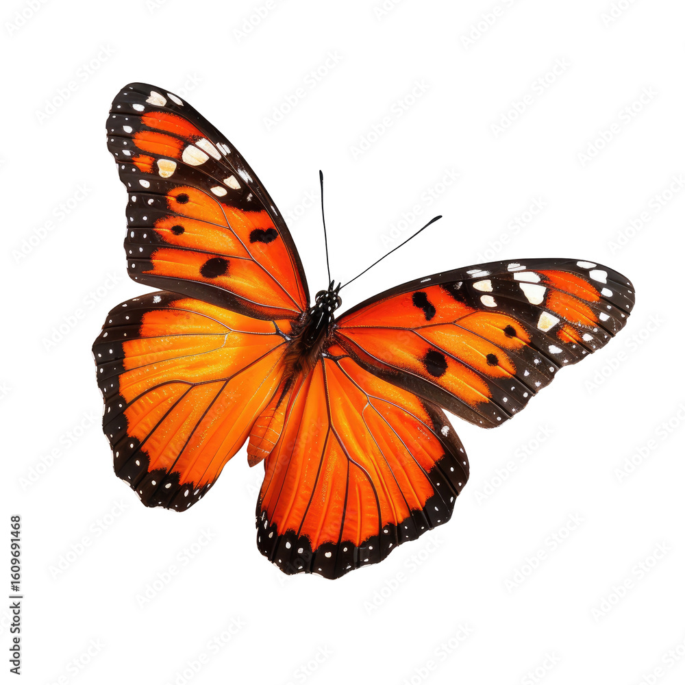 Fototapeta premium Orange butterfly in flight against black