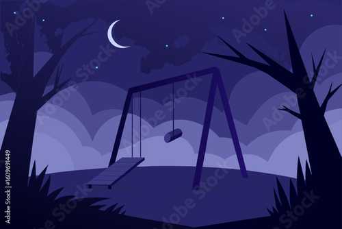 Spooky Empty Playground at Night with a Moving Swing