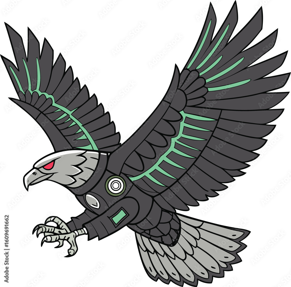 Naklejka premium Vector art of a powerful mechanical eagle with neon green accents prepares to land