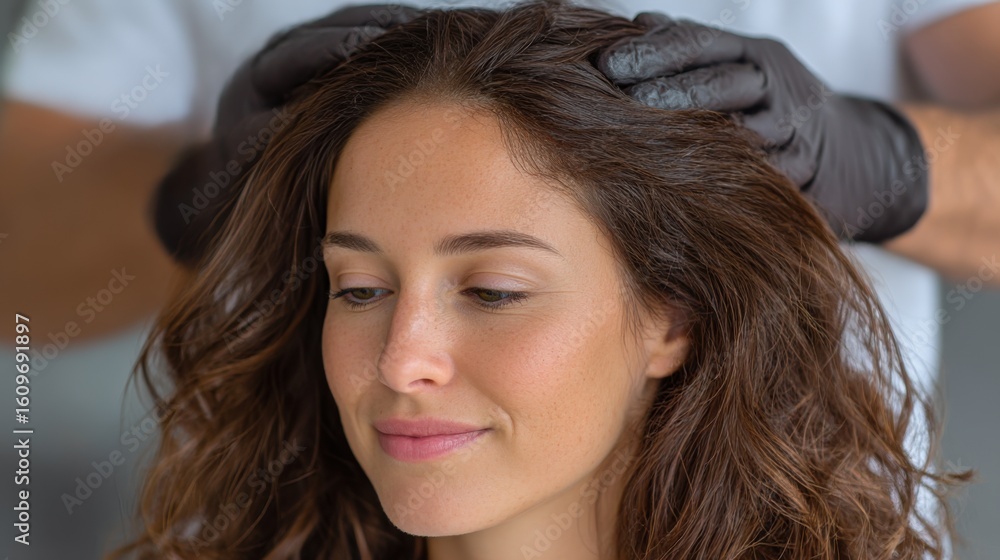 Fototapeta premium Woman receiving scalp treatment for alopecia in a modern salon setting